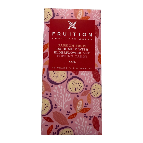 Chocotastery - Fruition Chocolate - 66% Passion Fruit Dark Milk with Elderflower and Popping Candy - Front