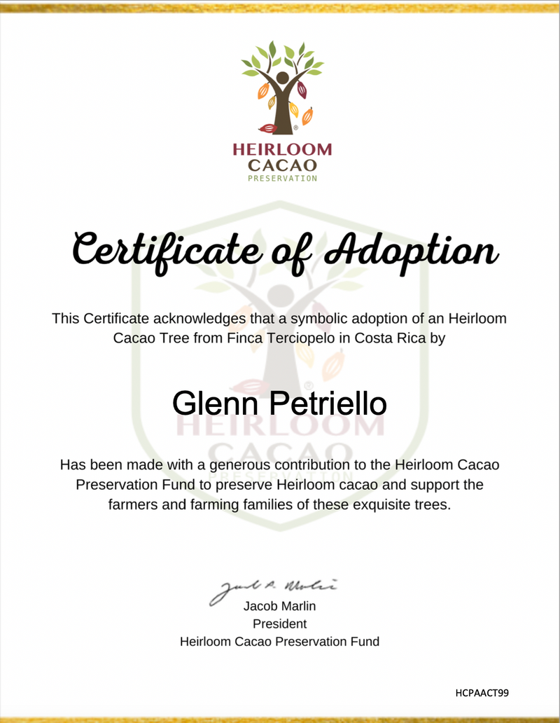 Chocotastery - Certificate of Adoption - HCP #6 - Finca Terciopelo, Coto Brus, Costa Rica - Heirloom Cacao Preservation Fund
