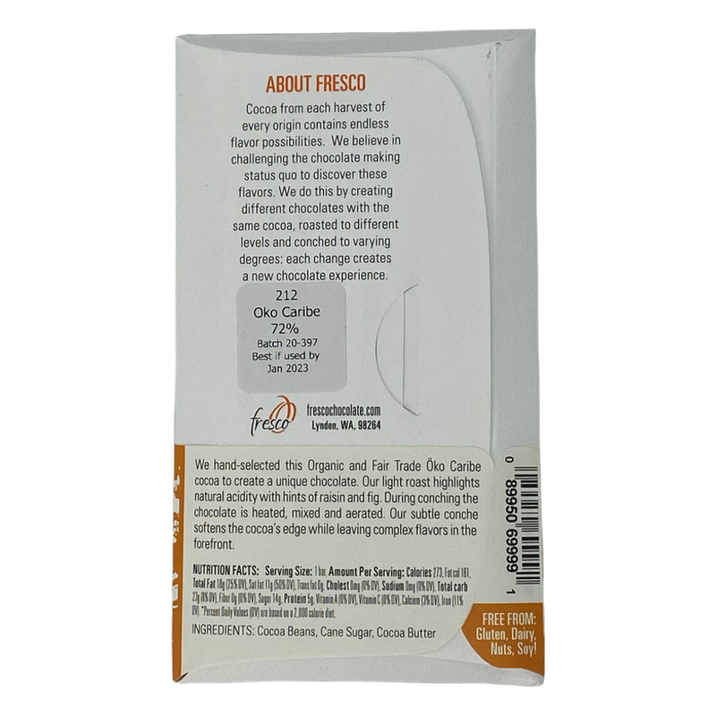 Chocotastery - Fresco Chocolate - 72% Oko Caribe, Dominican Republic - Recipe 212 Light Roast Subtle Conche