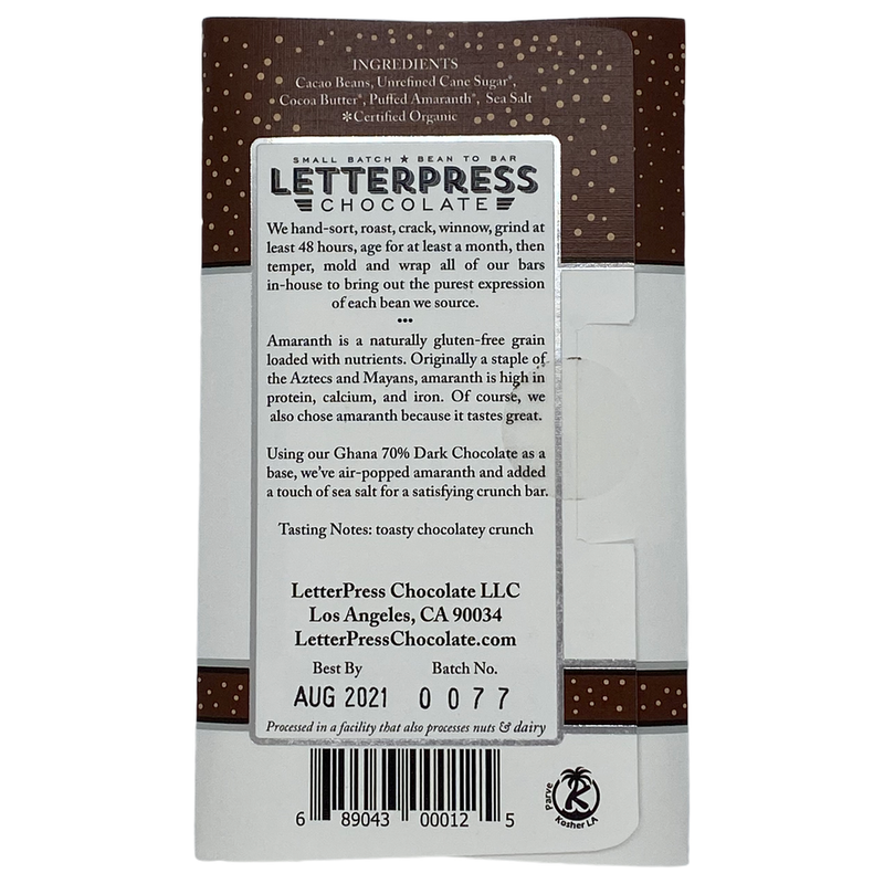 Chocotastery - LetterPress Chocolate - 70% Amaranth Crunch