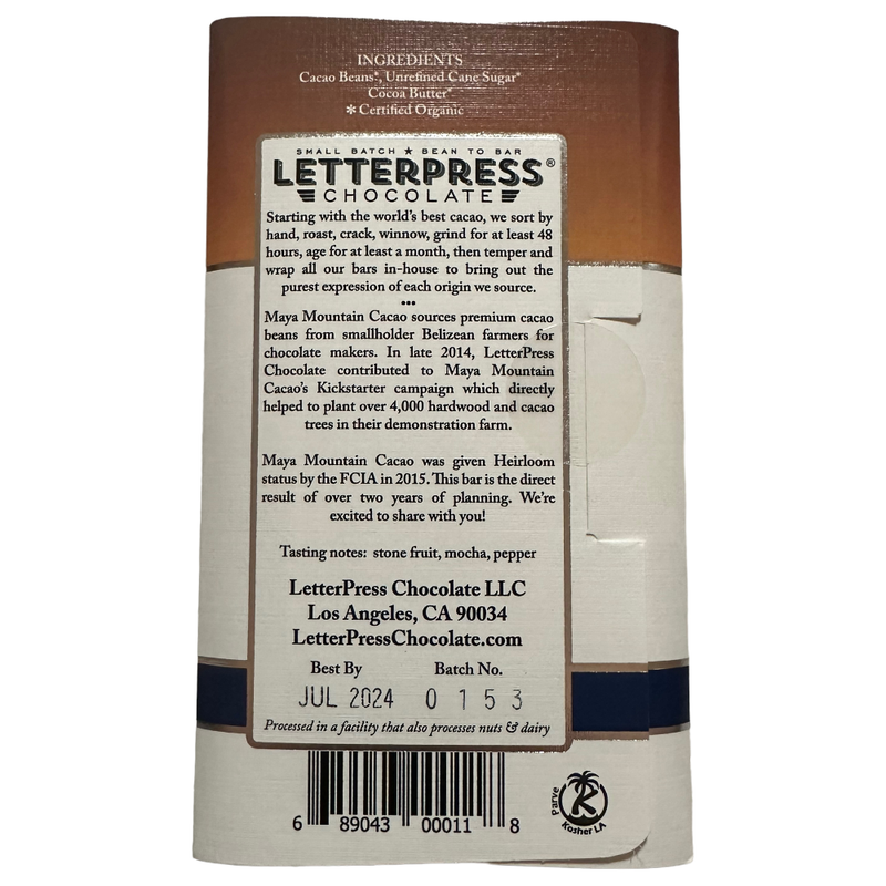 LetterPress Chocolate - 70% Maya Mountain Cacao, Belize - Chocotastery