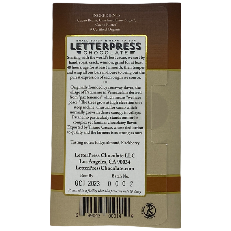Chocotastery - LetterPress Chocolate - 70% Patenemo, Venezuela
