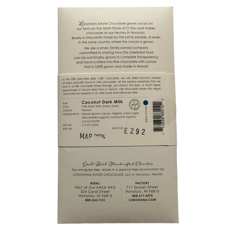 Lonohana Estate Chocolate - 55% Coconut Dark Milk - Chocotastery