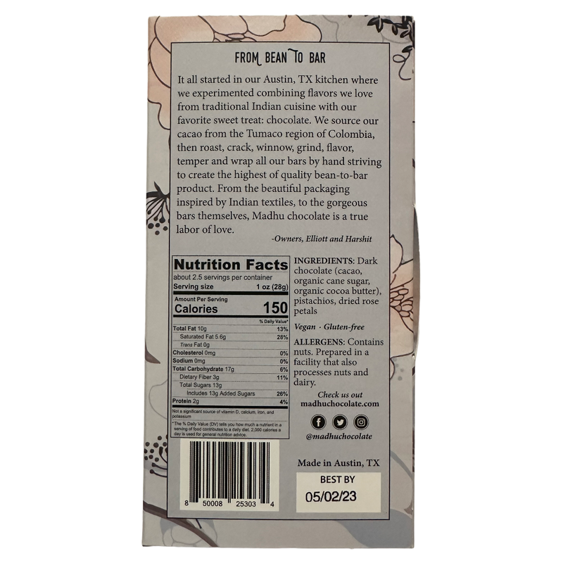 Madhu Chocolate - 50% Rose Pistachio Dark - Chocotastery