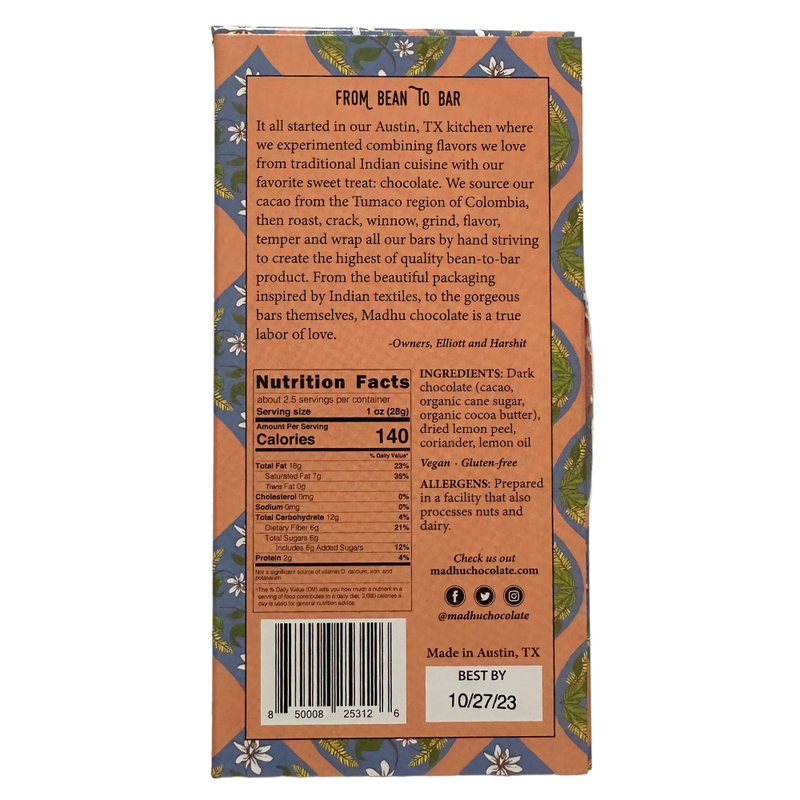 Madhu Chocolate - 78% Lemon Coriander - Chocotastery