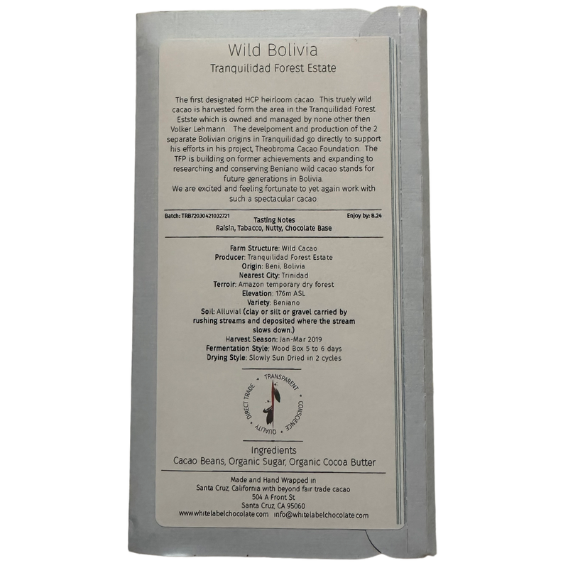 White Label Chocolate - 72% Tranquilidad, Wild Bolivia - Chocotastery