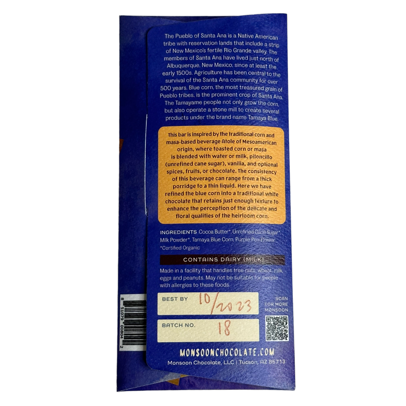 Monsoon Chocolate - 42% Blue Corn Atole White Chocolate - Chocotastery